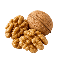 Walnut halves beside a whole walnut in its shell